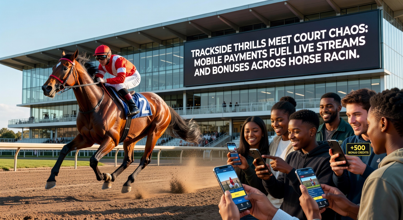 Dynamischer Tennis-Match-Moment mit Ballwechsel am Netz, Smartphone im Vordergrund mit laufendem Live-Stream und Wettboni